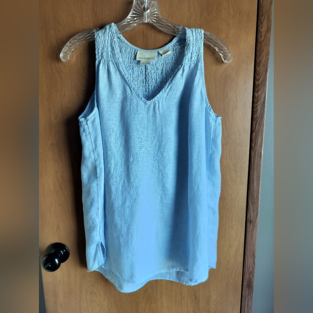 Cynthia Rowley Light Blue 100% Linen Coastalcowgirl Smocked V Neck Tank Top M